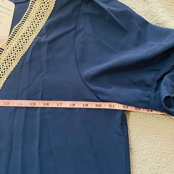 Wkior Shift Dress V Neck Short Ruffle  Sleeves Solid Color Casual Flowy Blue Tan - Picture 9 of 11